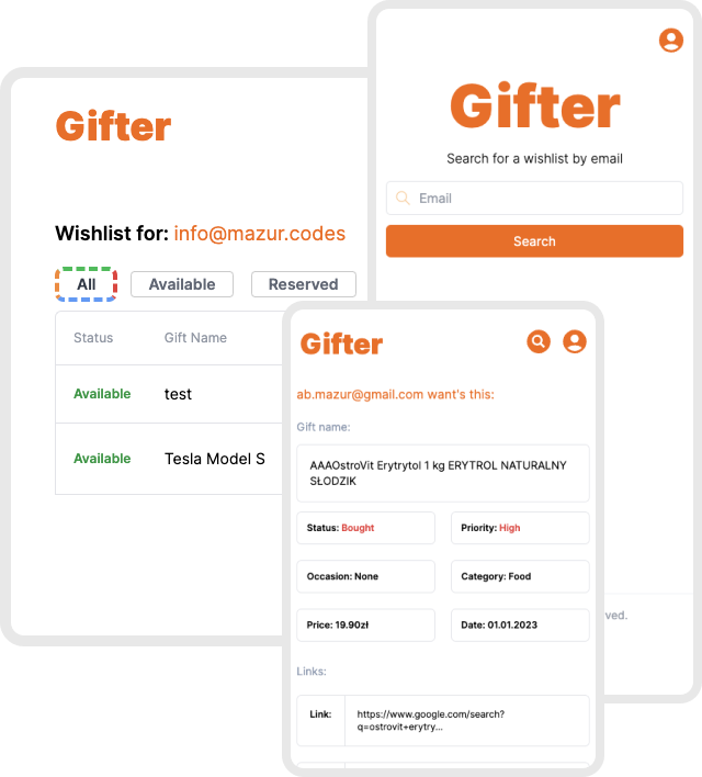 Gifter app on mobile, tablet and desktop screens