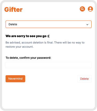 gifter app dashboard delete mobile screen
