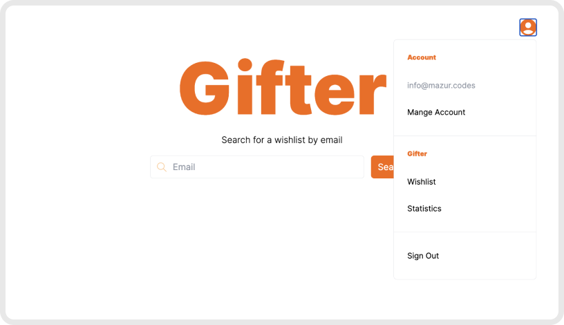 gifter app main page menu screen