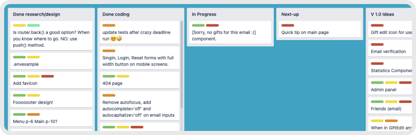 trello board with gifter app tasks